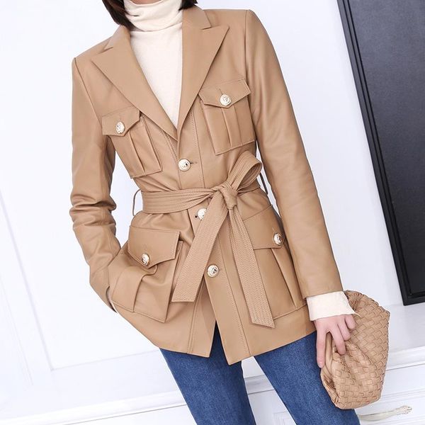women's leather & faux autumn 2021 spring genuine belt blazers jackets england style pockets coat c633, Black
women's leather & faux autumn 2021 spring genuine belt blazers jackets england style pockets coat c633, Black