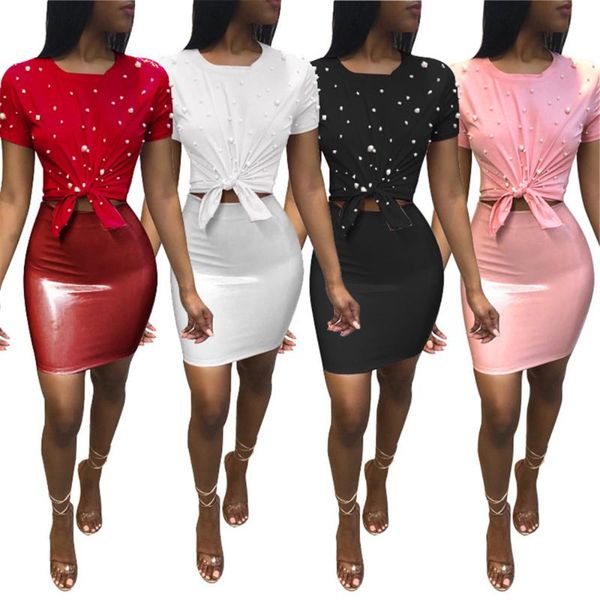 two piece dress women summer 2 outfits fashion short sleeve pearls t-shirt and pu leather mini skirt set club wear dresses, White
two piece dress women summer 2 outfits fashion short sleeve pearls t-shirt and pu leather mini skirt set club wear dresses, White