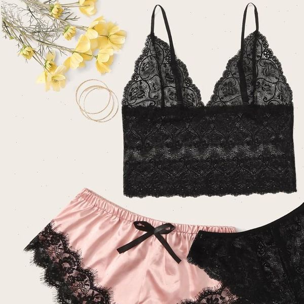 pajamas 3pc lace bra stain womens sleepwears camisole bowknot shorts set lingerie for, Black;red
pajamas 3pc lace bra stain womens sleepwears camisole bowknot shorts set lingerie for, Black;red