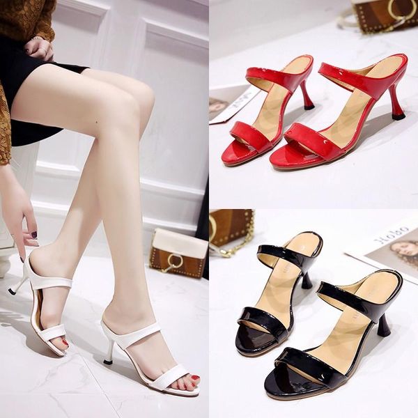 slippers 2021 high heel women's summer patent leather wear thin versatile net red fashion sandals, Black
slippers 2021 high heel women's summer patent leather wear thin versatile net red fashion sandals, Black