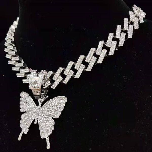 pendant necklaces men women hip hop iced out bling butterfly necklace with 13mm rhombus cuban chain hiphop fashion charm jewelry, Silver