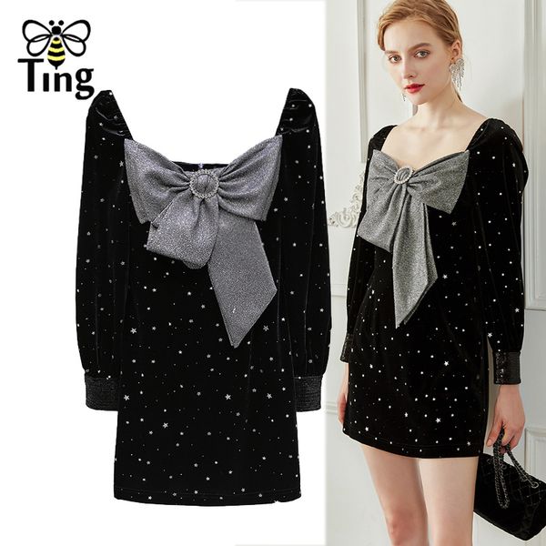 designer square collar bowknot decor strar glitter velvet mini short party night dresses women bodycon elbise 210513, Black;gray 
designer square collar bowknot decor strar glitter velvet mini short party night dresses women bodycon elbise 210513, Black;gray