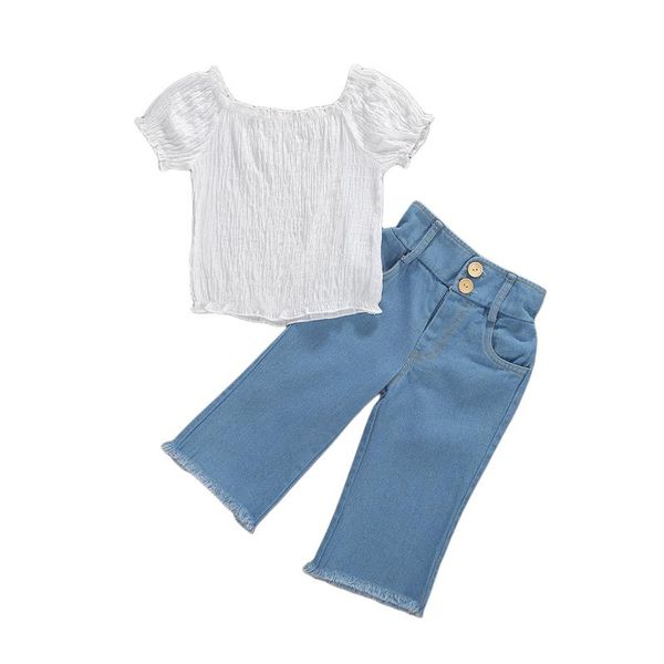 2-5y fashion toddler girl clothing set off shoulder puff short sleeve pleated white blouse+blue button denim wide leg pants sets
2-5y fashion toddler girl clothing set off shoulder puff short sleeve pleated white blouse+blue button denim wide leg pants sets
