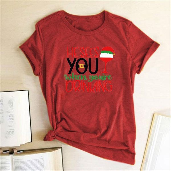 he sees you when youre women t shirt drinking funny christmas short sleeve party graphic, White
he sees you when youre women t shirt drinking funny christmas short sleeve party graphic, White