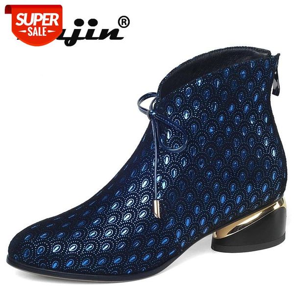 Fujin 2021 women boots winter new fashion sheepskin ankle boots outside warm mid heels round toe zip office women shoes fashion #rm3L
