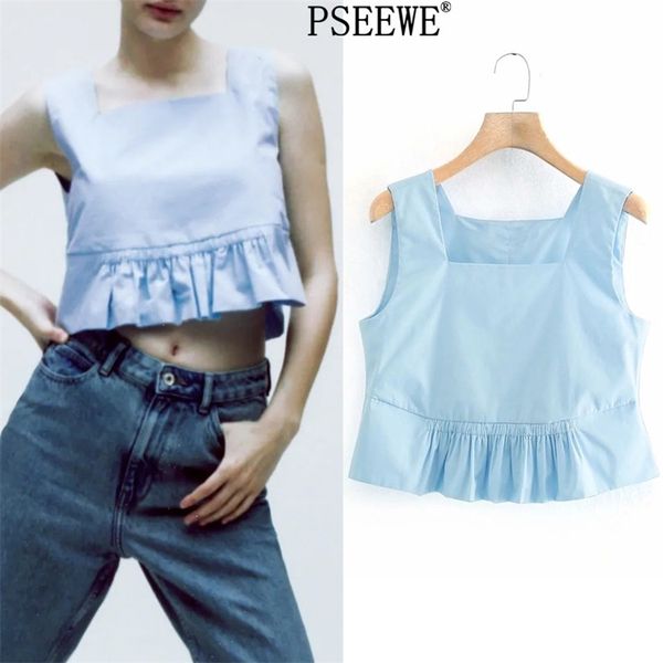 blue poplin crop women summer fashion square collar wide straps sleeveless blouse female chic ruffle 210519, White
blue poplin crop women summer fashion square collar wide straps sleeveless blouse female chic ruffle 210519, White
