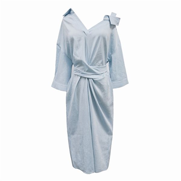 blue white turn down collar shirt dress half sleeve solid cross cold shoulder midi casual d0618 210514, Black;gray
blue white turn down collar shirt dress half sleeve solid cross cold shoulder midi casual d0618 210514, Black;gray