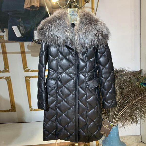 women's leather & faux long warm genuine down coat with portable storage bag women ultra light jacket overcoats hip-length 42 size, Black
women's leather & faux long warm genuine down coat with portable storage bag women ultra light jacket overcoats hip-length 42 size, Black