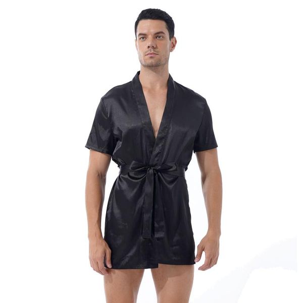 men's sleepwear men summer soft breathable nightwear satin kimono night robe black see-through lace floral patchwork back with belt, Black;brown
men's sleepwear men summer soft breathable nightwear satin kimono night robe black see-through lace floral patchwork back with belt, Black;brown