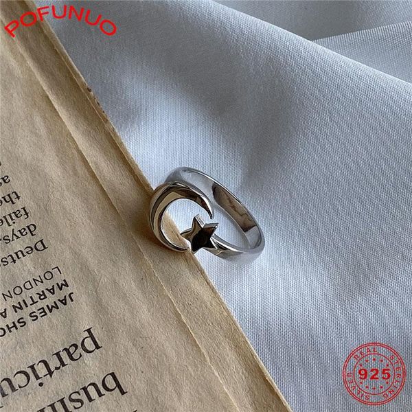 cluster rings pofunuo genuine 925 sterling silver star moon ring minimalist chic party for women elegant fine jewelry female gift, Golden;silver