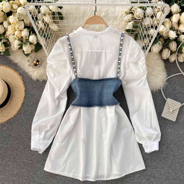patchwork diamond pearl set for women lapel long sleeve shirt short denim vest chic two piece sets female fashion, White
patchwork diamond pearl set for women lapel long sleeve shirt short denim vest chic two piece sets female fashion, White