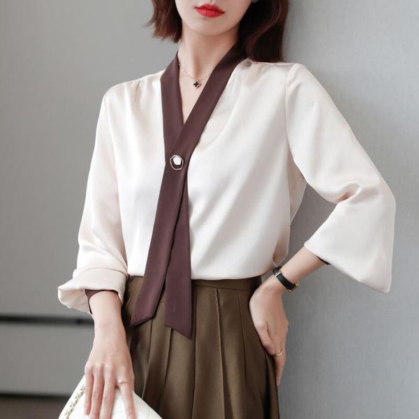 women's blouses & shirts korean fashion ribbon chiffon blouse elegant long-sleeve office lady shirt 2021 autumn patchwork women blusa, White
women's blouses & shirts korean fashion ribbon chiffon blouse elegant long-sleeve office lady shirt 2021 autumn patchwork women blusa, White