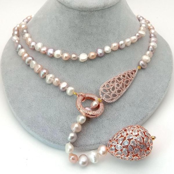 45'' natural multi color potato freshwater pearl rose gold color plated teardrop connector long sweater chain necklace, Silver
45'' natural multi color potato freshwater pearl rose gold color plated teardrop connector long sweater chain necklace, Silver