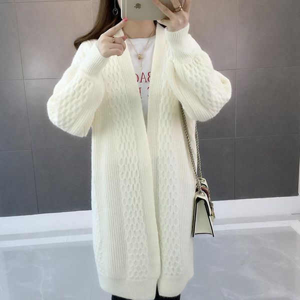 women's sweaters 2021 autumn loose sweaers coats lantern sleeve knitted long sweater female open stitch fp1371, White;black 
women's sweaters 2021 autumn loose sweaers coats lantern sleeve knitted long sweater female open stitch fp1371, White;black
