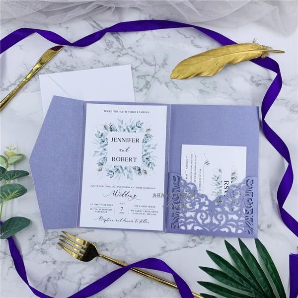 greeting cards graceful lavander laser cut tri-folded pocket with special belly band, respond card and customized insert
greeting cards graceful lavander laser cut tri-folded pocket with special belly band, respond card and customized insert