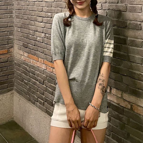 2021tb classic four bar stripe crew neck wool knitted short sleeve women, White
2021tb classic four bar stripe crew neck wool knitted short sleeve women, White