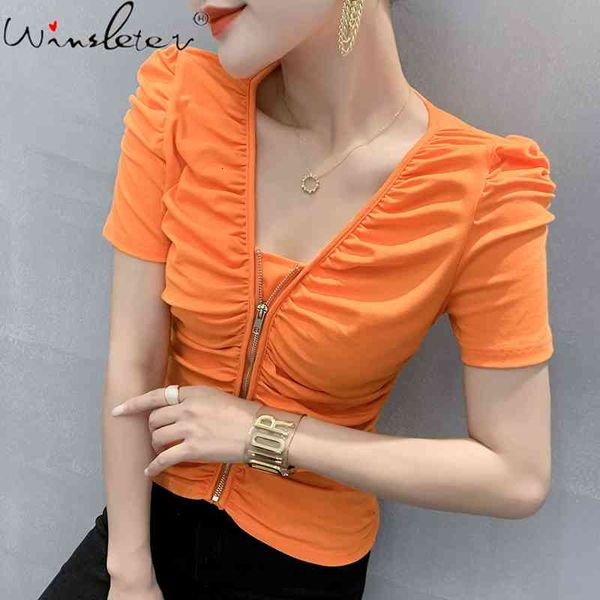women's t-shirt summer korean style cotton stretchy fashion drape v-neck zipper women puff sleeve all match tees t14808a, White
women's t-shirt summer korean style cotton stretchy fashion drape v-neck zipper women puff sleeve all match tees t14808a, White