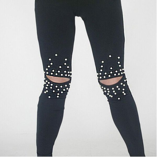 women's leggings ladies elastic cut hole knee beads decoration women pants thin high waist slim, Black
women's leggings ladies elastic cut hole knee beads decoration women pants thin high waist slim, Black