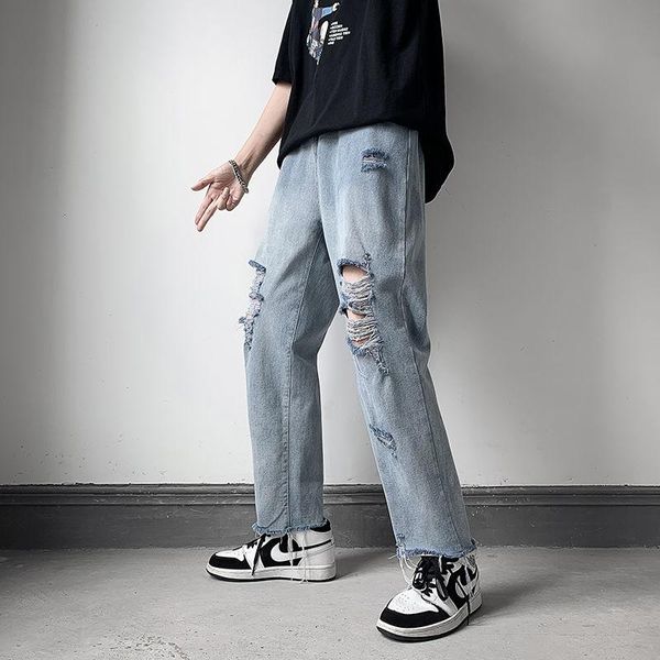 men's jeans ripped beggar trendy brand loose straight trousers sports men overalls hiphop streetwear washed retro denim pants thin, Blue
men's jeans ripped beggar trendy brand loose straight trousers sports men overalls hiphop streetwear washed retro denim pants thin, Blue