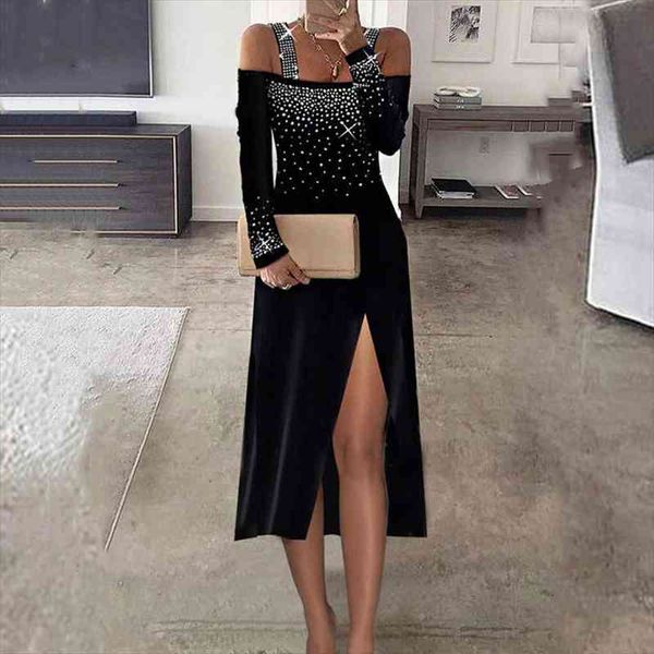 fashion sequins halter long dress shoulderless high split women party dress elegant solid ladies long sleeve bodycon, Black;gray 
fashion sequins halter long dress shoulderless high split women party dress elegant solid ladies long sleeve bodycon, Black;gray