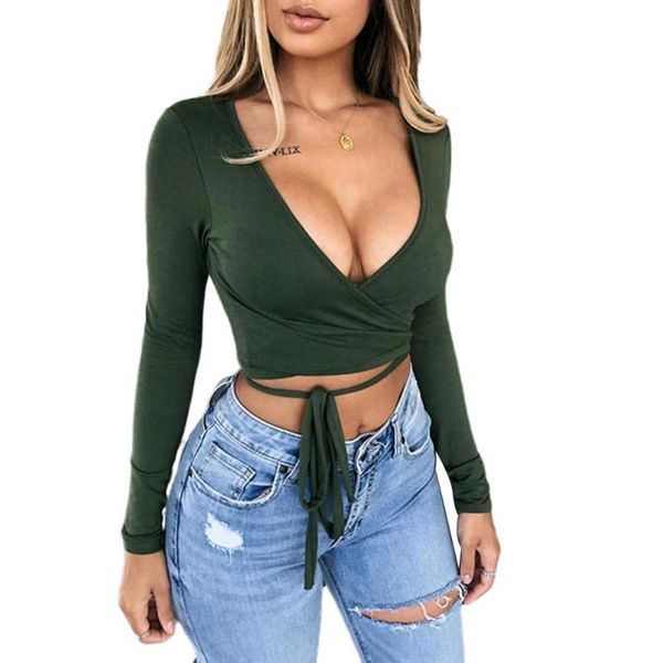 women's t-shirt solid long sleeve women crop fashion female bottoming shirts deep v front lace-up skinny tees, White
women's t-shirt solid long sleeve women crop fashion female bottoming shirts deep v front lace-up skinny tees, White