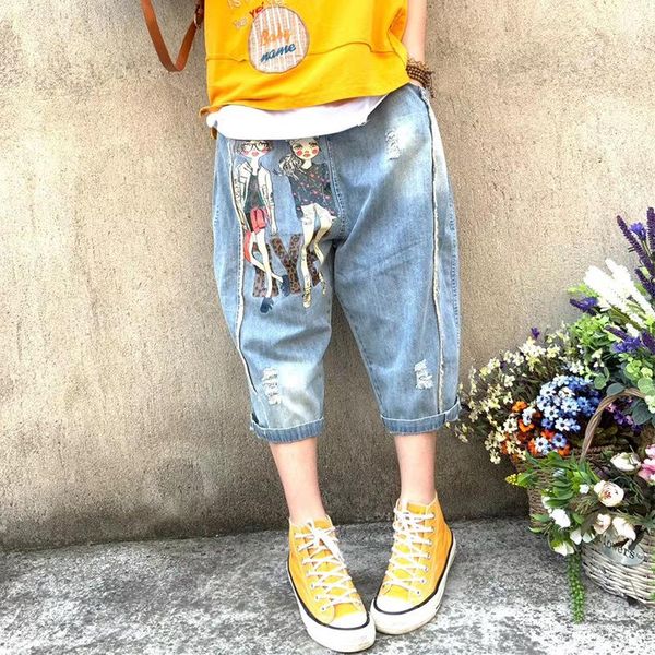 fairynatural women loose elastic waist streetwear denim pants female print bleached ripped casual cross trousers summer autumn women's, Blue
fairynatural women loose elastic waist streetwear denim pants female print bleached ripped casual cross trousers summer autumn women's, Blue