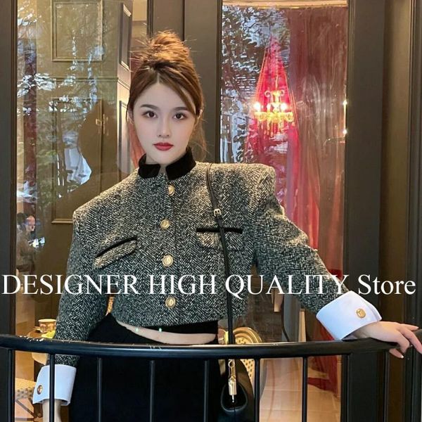 women's wool & blends luxury runway design patchwork long sleeve short tweed jacket women vintage stand gold buttons oversized loose co, Black
women's wool & blends luxury runway design patchwork long sleeve short tweed jacket women vintage stand gold buttons oversized loose co, Black
