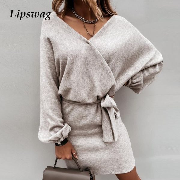 casual dresses autumn winter elegant women knit dress vintage solid color bandage party office ladies v neck mini vestidos, Black;gray
casual dresses autumn winter elegant women knit dress vintage solid color bandage party office ladies v neck mini vestidos, Black;gray