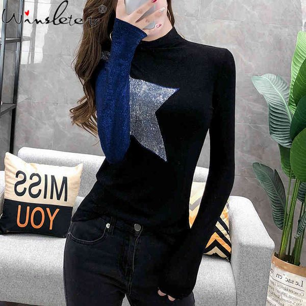 women's t-shirt fall winter european clothes t-shirt chic shiny star patchwork diamonds women ropa mujer bottoming shirt, White 
women's t-shirt fall winter european clothes t-shirt chic shiny star patchwork diamonds women ropa mujer bottoming shirt, White