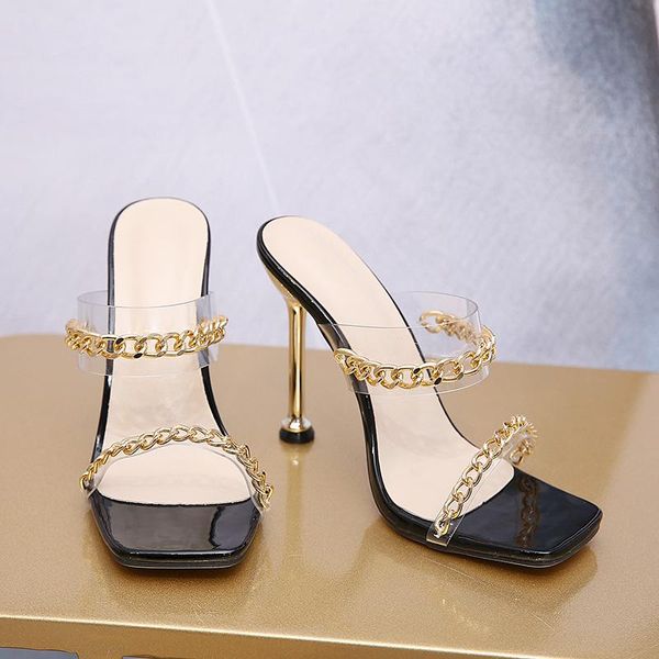 slippers women's transparent pvc high heels metal chain electroplated heel shoes square toes roman sandals sexy, Black
slippers women's transparent pvc high heels metal chain electroplated heel shoes square toes roman sandals sexy, Black