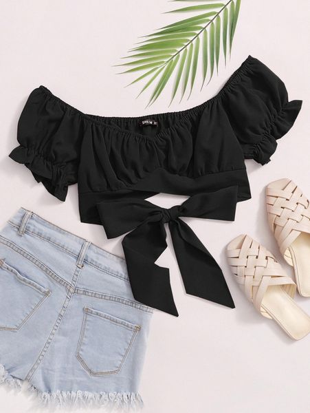 tied hem puff sleeve crop k7ff#, White