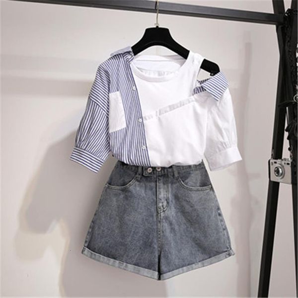 summer sweet two piece set women tracksuits fashion patchwork stripes mock joint vest shirt blouses denim short pants suit girl, Gray
summer sweet two piece set women tracksuits fashion patchwork stripes mock joint vest shirt blouses denim short pants suit girl, Gray
