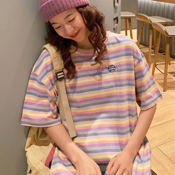 women's t-shirt summer crew neck short sleeve casual striped ladies fashion rainbow stripes, White
women's t-shirt summer crew neck short sleeve casual striped ladies fashion rainbow stripes, White