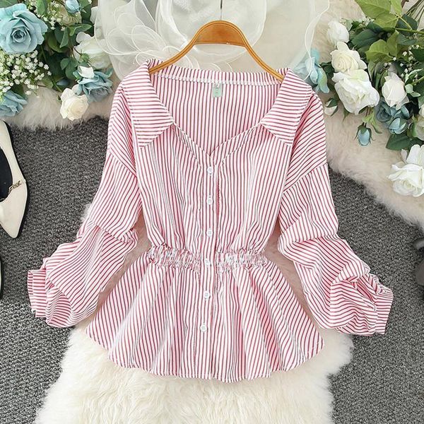 fashion striped casual women shirt long sleeve elastic waist vintage design chic female, White
fashion striped casual women shirt long sleeve elastic waist vintage design chic female, White