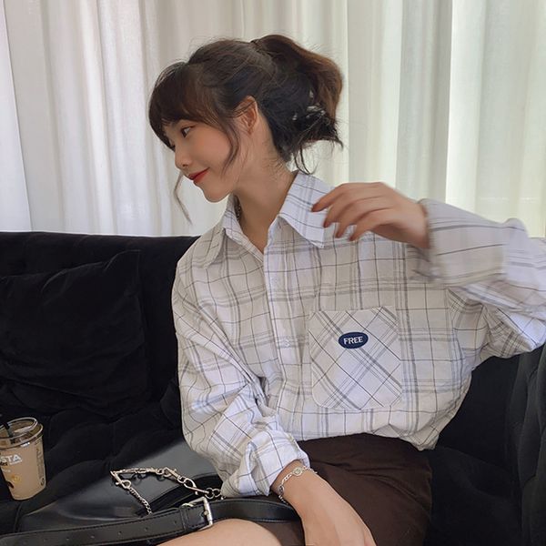 2 colors plaid blouse shirt preppy style long sleeve blouse autumn pocket women long sleeve 2021 (f4079), White 
2 colors plaid blouse shirt preppy style long sleeve blouse autumn pocket women long sleeve 2021 (f4079), White