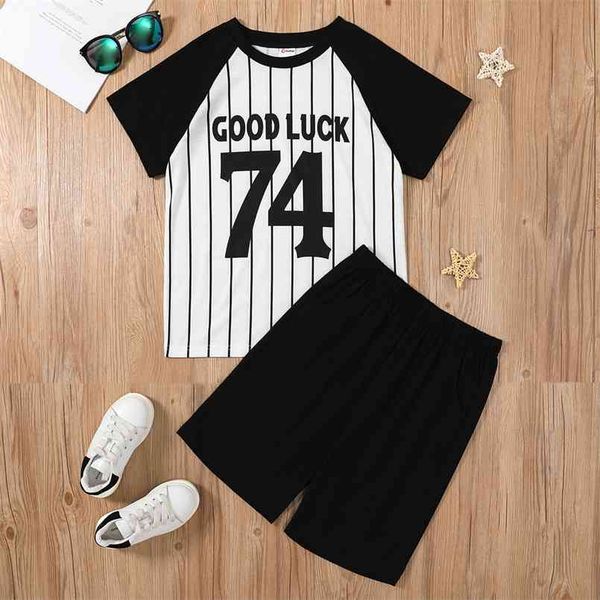 summer trendy kid boy letter print stripe casual set 210528, White
