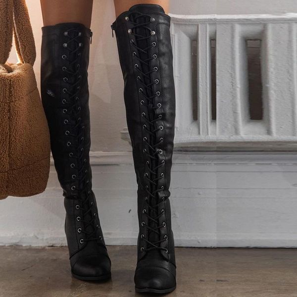 boots women lace up thigh high pu leather heels platform ladies shoes cross strap zipper punk over the knee long, Black
boots women lace up thigh high pu leather heels platform ladies shoes cross strap zipper punk over the knee long, Black