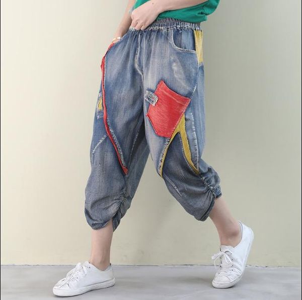 women's jeans summer women casual patchwork washed vintage bleachedelastic waist female loose denim calf-length harem pants wild tide, Blue
women's jeans summer women casual patchwork washed vintage bleachedelastic waist female loose denim calf-length harem pants wild tide, Blue
