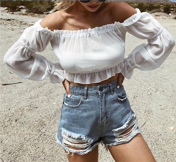 women's t-shirt 2021 summer casual off shoulder crop women slash neck long ruff sleeve ruffled shirts beach top, White
women's t-shirt 2021 summer casual off shoulder crop women slash neck long ruff sleeve ruffled shirts beach top, White