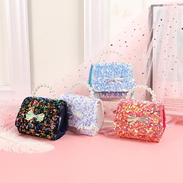purse 5 colors little girls sequins cross-body bag children bow knot pattern square shape messenger bags, White 
purse 5 colors little girls sequins cross-body bag children bow knot pattern square shape messenger bags, White