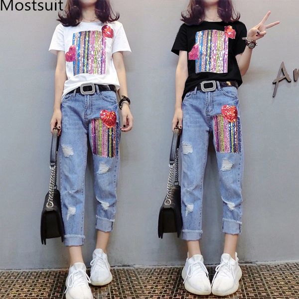 summer two piece sets women plus size short sleeve sequins tshirts and denim ripped jeans suits casual women's -5xl 210518, White
summer two piece sets women plus size short sleeve sequins tshirts and denim ripped jeans suits casual women's -5xl 210518, White