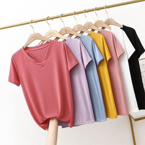 women's t shirt white short sleeve summer ice silk v neck with black thin cross color bottom coat
women's t shirt white short sleeve summer ice silk v neck with black thin cross color bottom coat