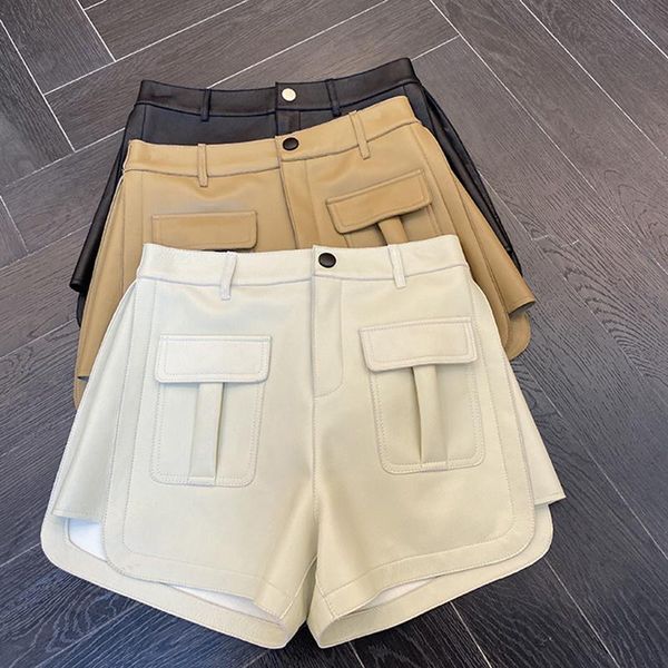 women's shorts shzq 2021 winter female genuine leather women high waist motorcycle buttons pockets short pants real sheepskin, White;black
women's shorts shzq 2021 winter female genuine leather women high waist motorcycle buttons pockets short pants real sheepskin, White;black