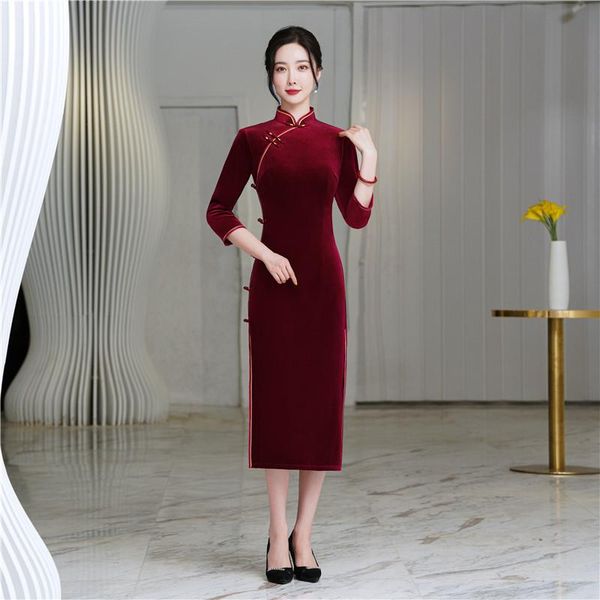 ethnic clothing mandarin collar velour cheongsam vintage button qipao autumn burgundy bride wedding party dress gown female slim vestid, Red
ethnic clothing mandarin collar velour cheongsam vintage button qipao autumn burgundy bride wedding party dress gown female slim vestid, Red