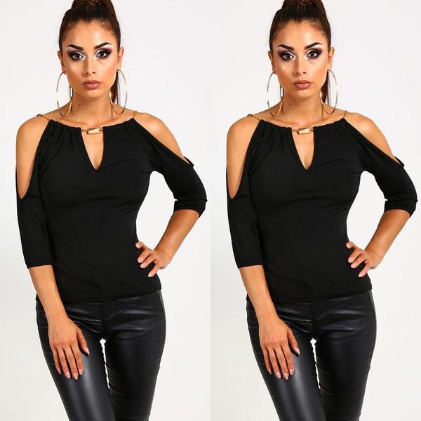 women's t-shirt fashion women chic halter v neck summer off shoulder solid black ladies loose casual, White
women's t-shirt fashion women chic halter v neck summer off shoulder solid black ladies loose casual, White