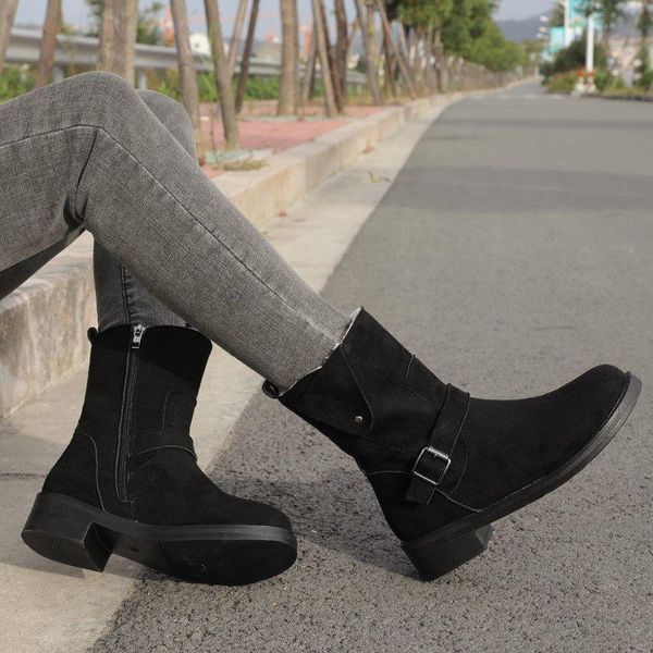 boots women's autumn and winter belt buckle flat-bottomed warm slimming fashionable versatile, Black
