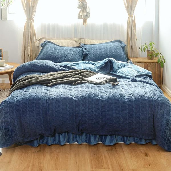 handwork knitted durable duvet cove set blue reversible ultra warm soft bedding  king size with bed sheet pillowcase sets 
handwork knitted durable duvet cove set blue reversible ultra warm soft bedding  king size with bed sheet pillowcase sets