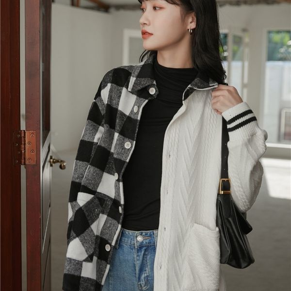 women's two piece pants buffalo plaid shirt women winter patchwork knit button up long sleeve collar korean blouse casual br16, White
women's two piece pants buffalo plaid shirt women winter patchwork knit button up long sleeve collar korean blouse casual br16, White