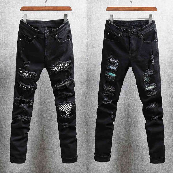 men's pants american streetwear fashion men jeans slim fit black elastic cotton ripped denim punk trousers patches designer hip hop dhc
men's pants american streetwear fashion men jeans slim fit black elastic cotton ripped denim punk trousers patches designer hip hop dhc