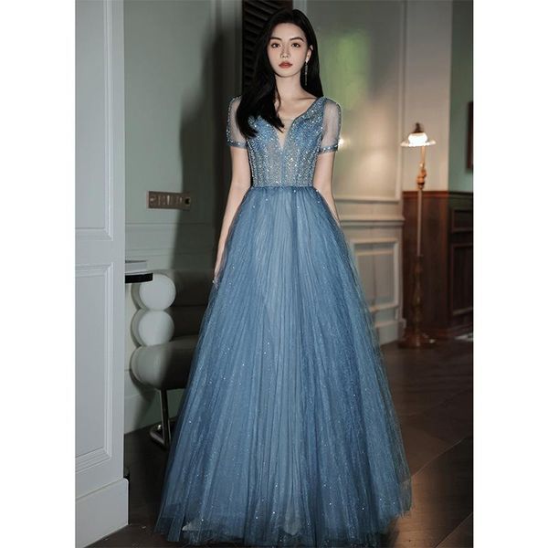 party dresses blue banquet evening women 2021 temperament v-neck short sleeve long princess dress beaded pleated tulle prom gowns, White;black
party dresses blue banquet evening women 2021 temperament v-neck short sleeve long princess dress beaded pleated tulle prom gowns, White;black